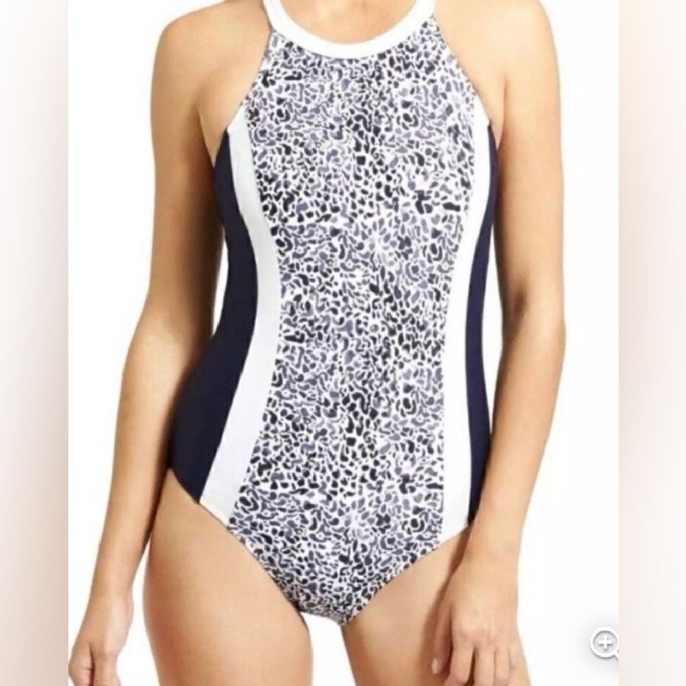 Athleta Navy Blue & White Leopard Print Zimbabwe One Piece Swimsuit Size 36 B/C